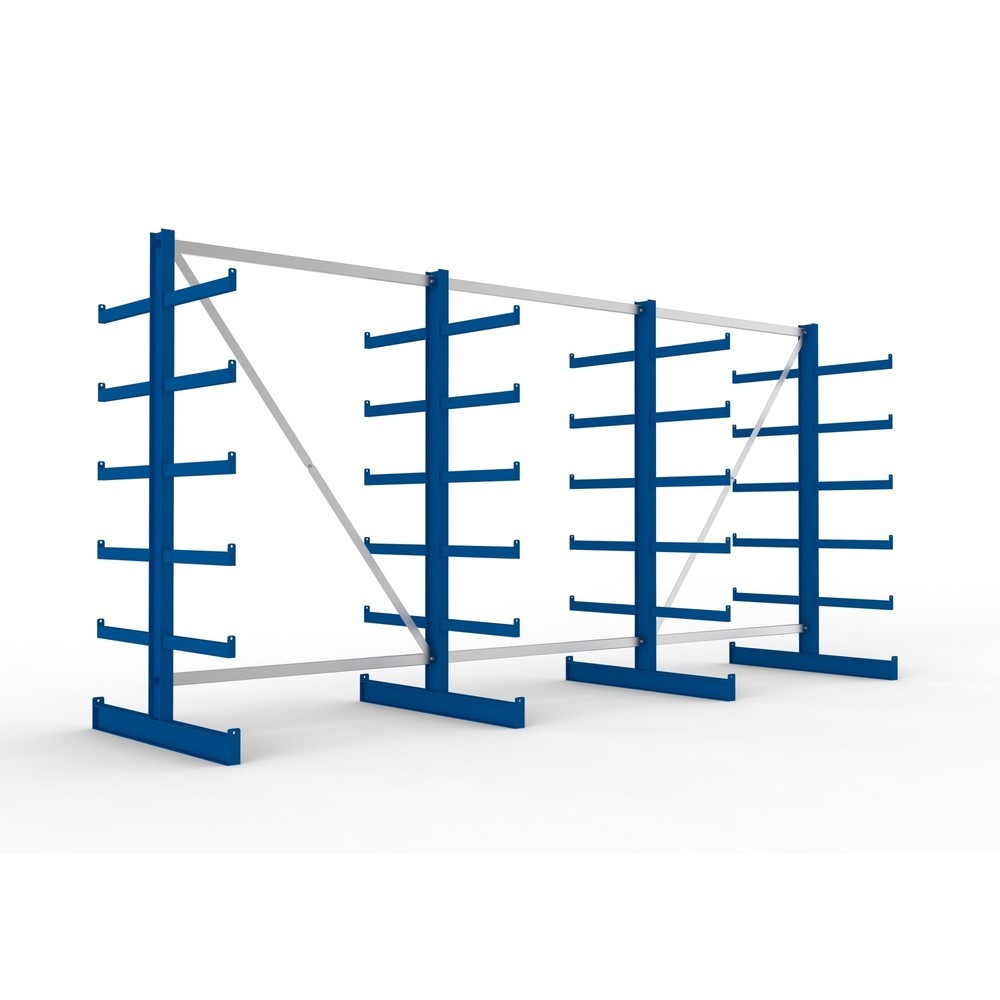 Illustration du produit: Kit complet de rayonnage cantilever META, double accès, capacité de charge par bras 200 kg, H x l x P 2 000 x 4 105 x 1 150 mm, 4 montants