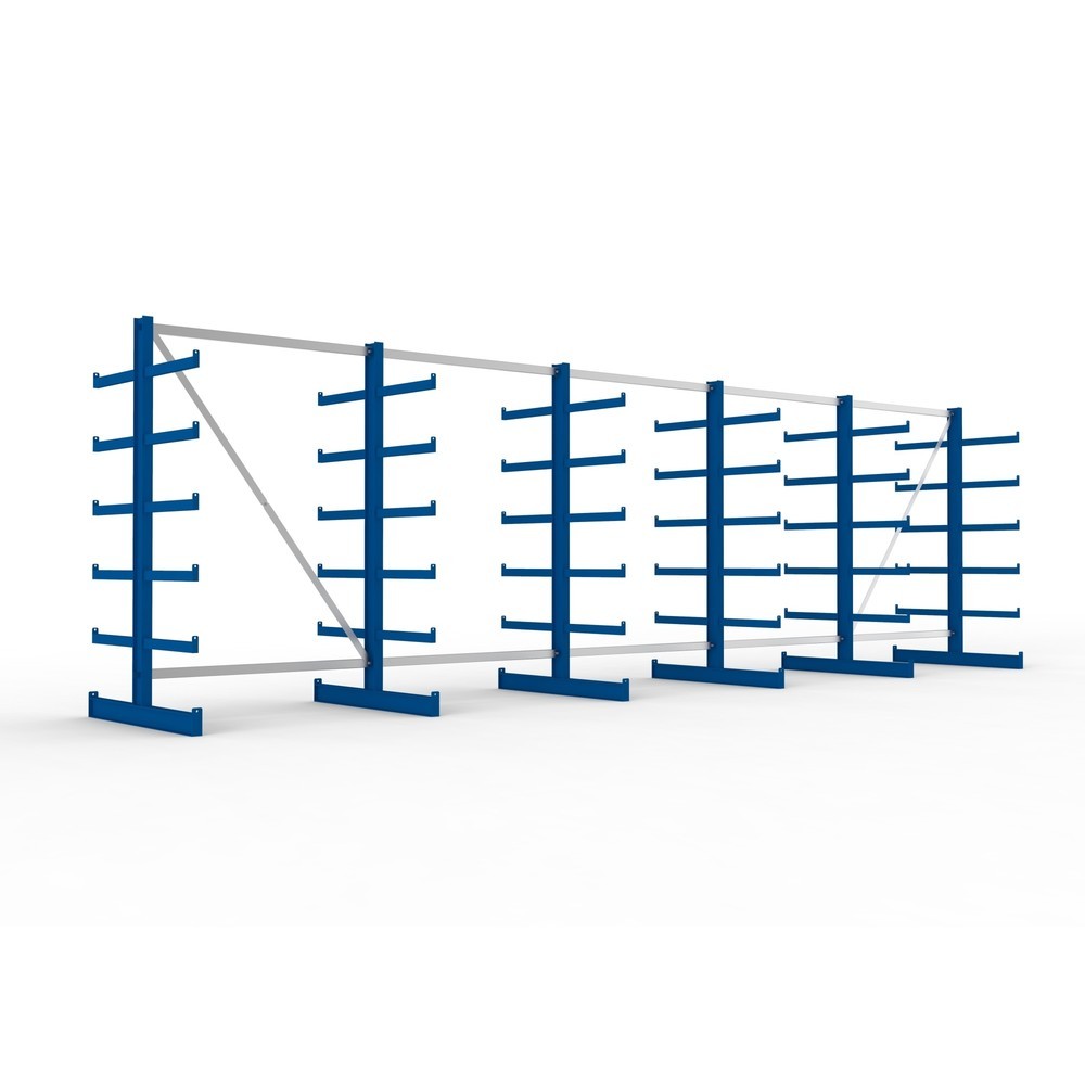 Illustration du produit: Kit complet de rayonnage cantilever META, double accès, capacité de charge par bras 200 kg, H x l x P 2 000 x 6 805 x 1 150 mm, 6 montants
