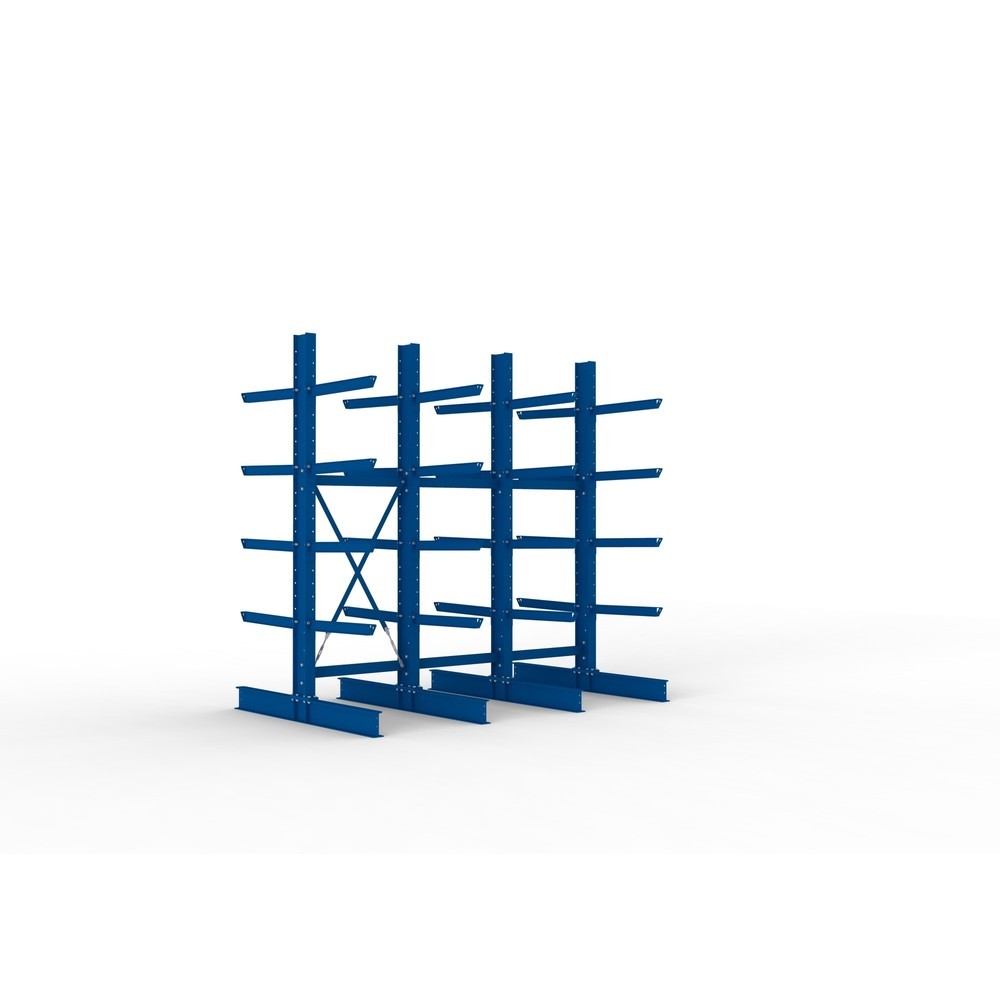 Illustration du produit: Kit complet de rayonnage cantilever pour charges lourdes META, double accès, capacité de charge par bras 630 kg, H x l x P 3 000 x 3 090 x 2 000 mm, 4 montants
