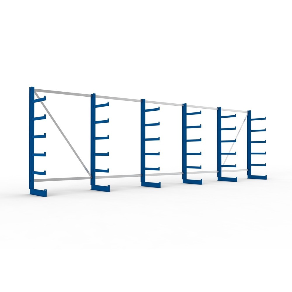 Illustration du produit: Kit complet de rayonnage cantilever META, unilatéral, capacité de charge par bras 200 kg, H x l x P 2 000 x 6 805 x 630 mm, 6 montants