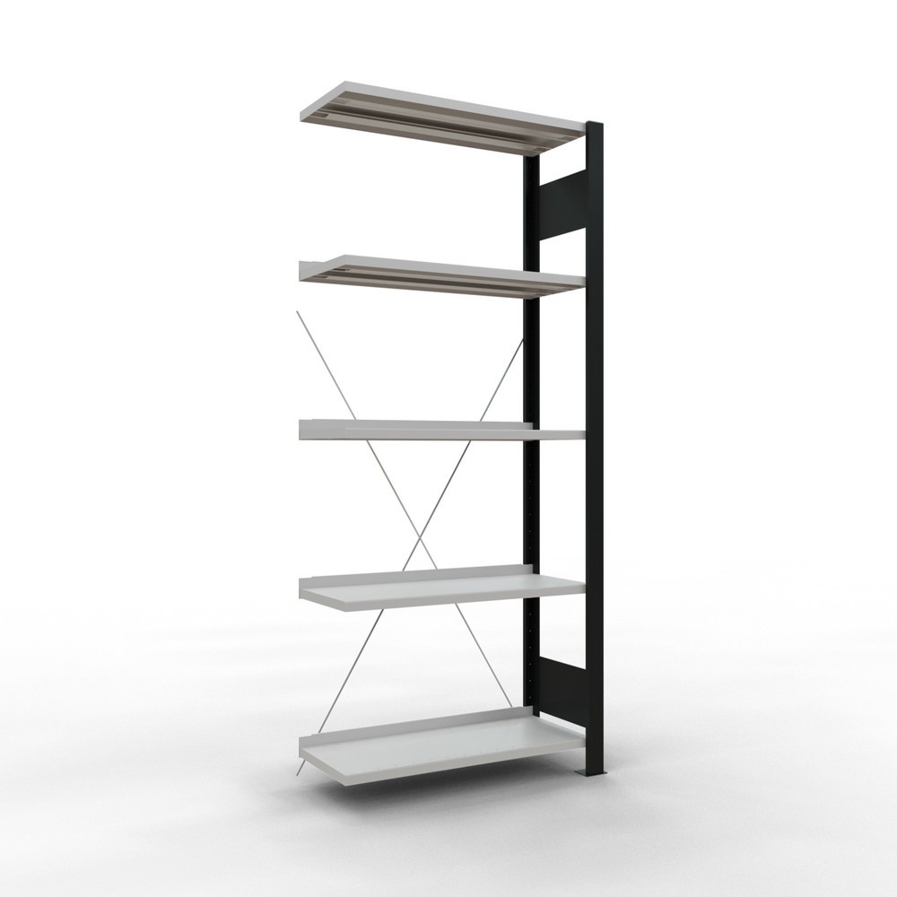 Illustration du produit: Rayonnage de bureau SCHULTE travée auxiliaire, utilisable d’un seul côté, avec barres de butée, CT 85 kg, noir, HxlxP 1 800 x 750 x 300 mm