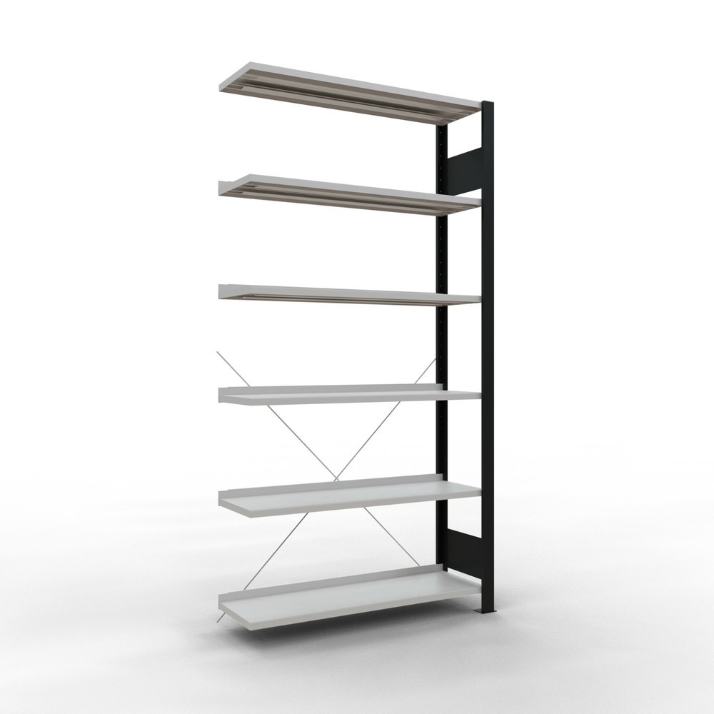 Illustration du produit: Rayonnage de bureau SCHULTE travée auxiliaire, utilisable d’un seul côté, avec barres de butée, CT 85 kg, noir, HxlxP 2 000 x 1 000 x 300 mm
