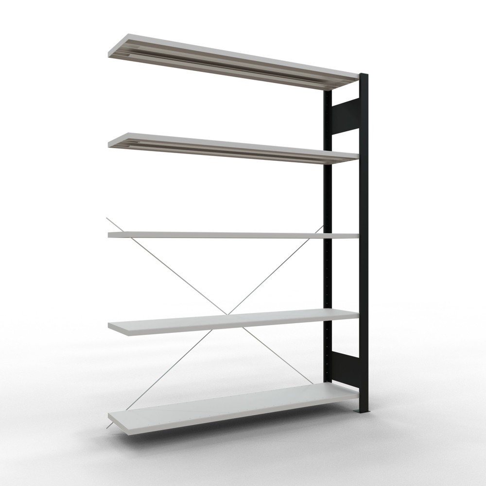 Illustration du produit: Rayonnage de bureau SCHULTE travée auxiliaire, utilisable d’un seul côté, sans barres de butée, CT 85 kg, noir, HxlxP 1 800 x 1 300 x 300 mm