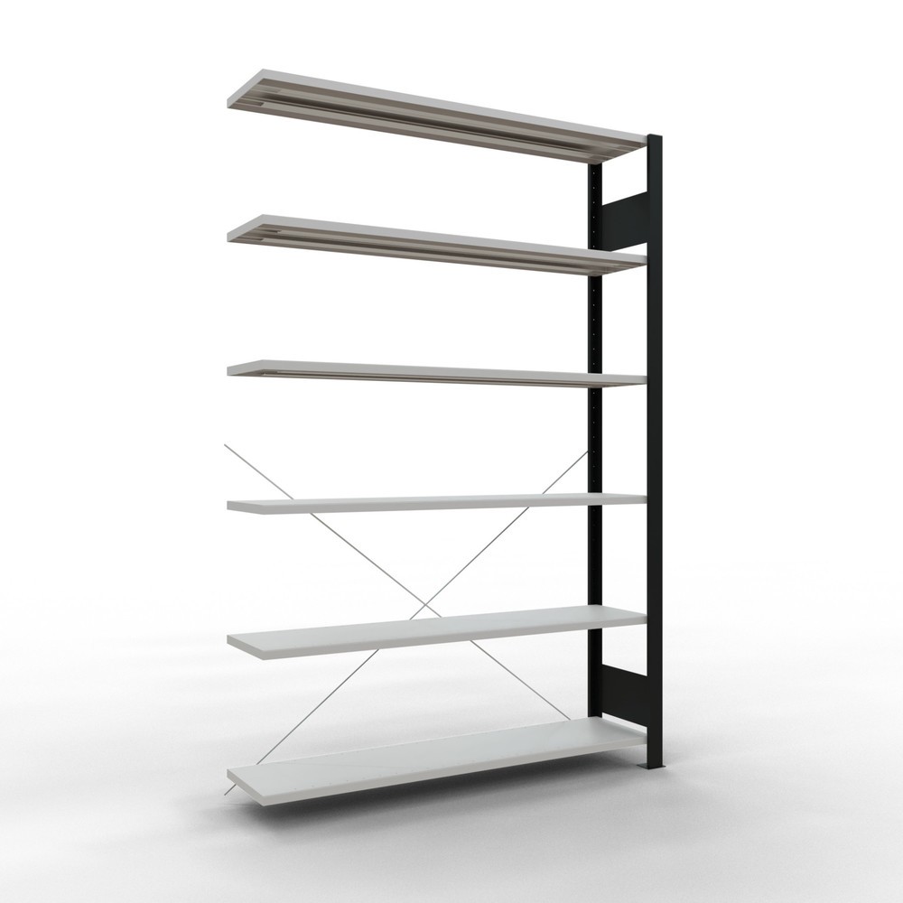 Illustration du produit: Rayonnage de bureau SCHULTE travée auxiliaire, utilisable d’un seul côté, sans barres de butée, CT 85 kg, noir, HxlxP 2 000 x 1 300 x 300 mm
