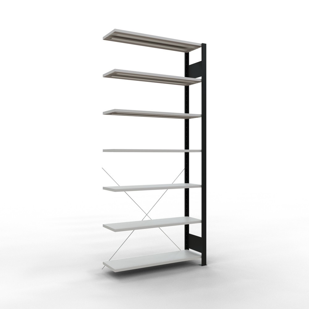 Illustration du produit: Rayonnage de bureau SCHULTE travée auxiliaire, utilisable d’un seul côté, sans barres de butée, CT 85 kg, noir, HxlxP 2 300 x 1 000 x 300 mm