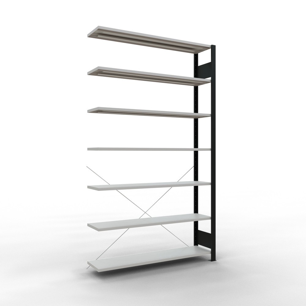 Illustration du produit: Rayonnage de bureau SCHULTE travée auxiliaire, utilisable d’un seul côté, sans barres de butée, CT 85 kg, noir, HxlxP 2 300 x 1 300 x 300 mm
