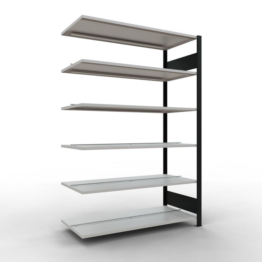 Illustration du produit: Rayonnage de bureau SCHULTE travée auxiliaire, utilisable des deux côtés, avec butées centrales, CT 150 kg, noir, HxlxP 2 000 x 1 300 x 600 mm