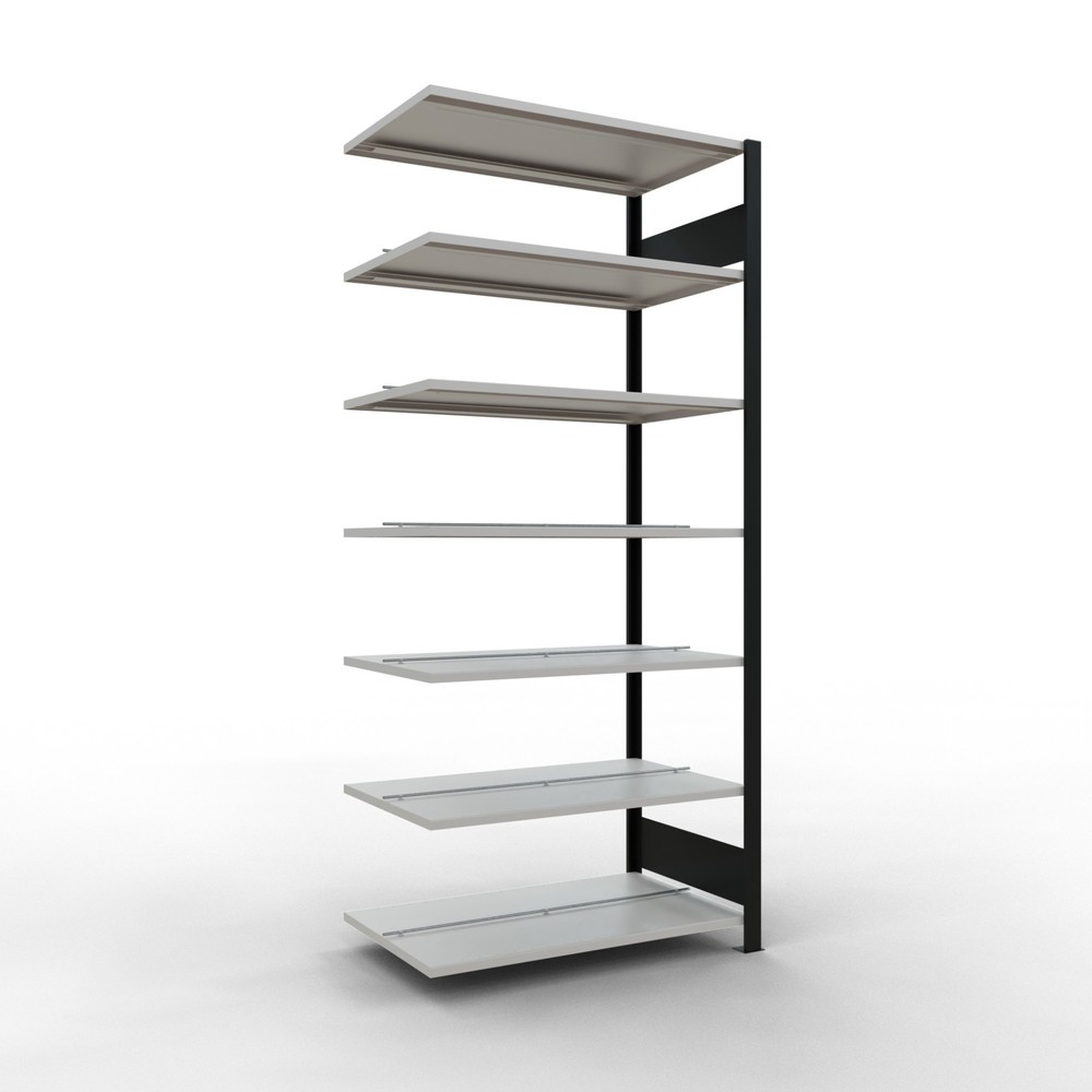Illustration du produit: Rayonnage de bureau SCHULTE travée auxiliaire, utilisable des deux côtés, avec butées centrales, CT 150 kg, noir, HxlxP 2 300 x 1 000 x 600 mm
