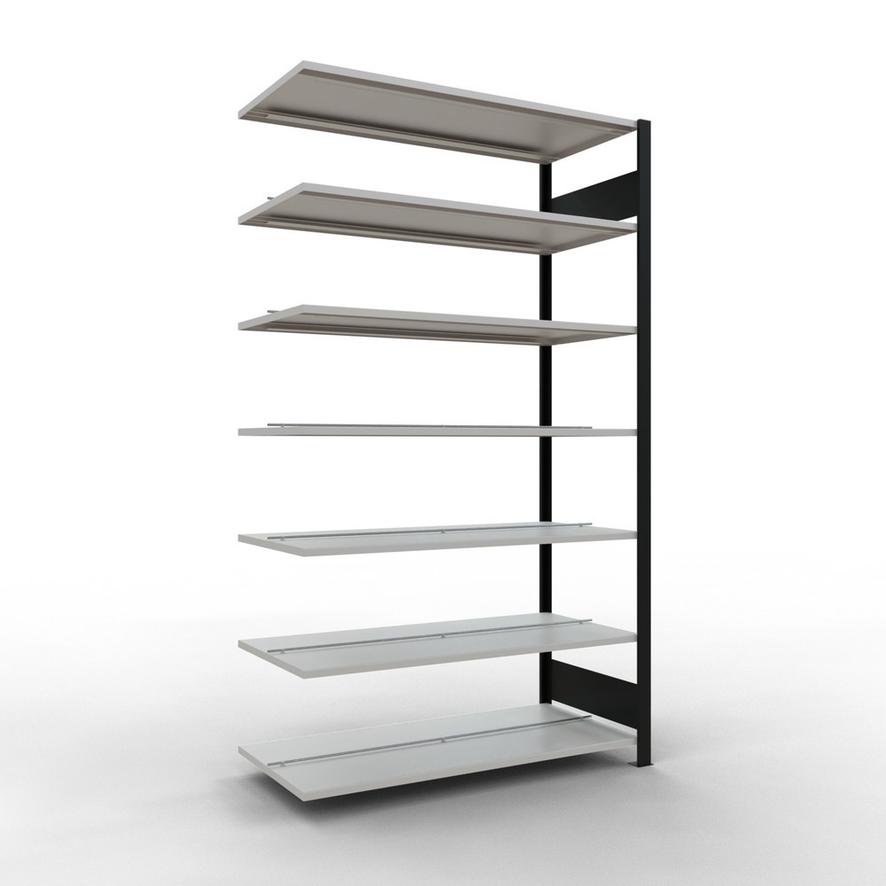 Illustration du produit: Rayonnage de bureau SCHULTE travée auxiliaire, utilisable des deux côtés, avec butées centrales, CT 150 kg, noir, HxlxP 2 300 x 1 300 x 600 mm