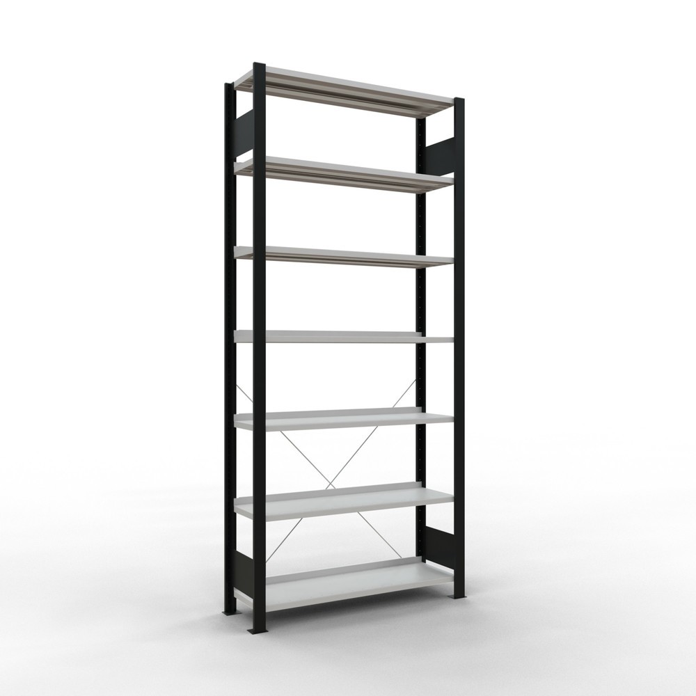 Illustration du produit: Rayonnage de bureau SCHULTE travée de base, utilisable d’un seul côté, avec barres de butée, CT 85 kg, noir, HxlxP 2 300 x 1 000 x 300 mm