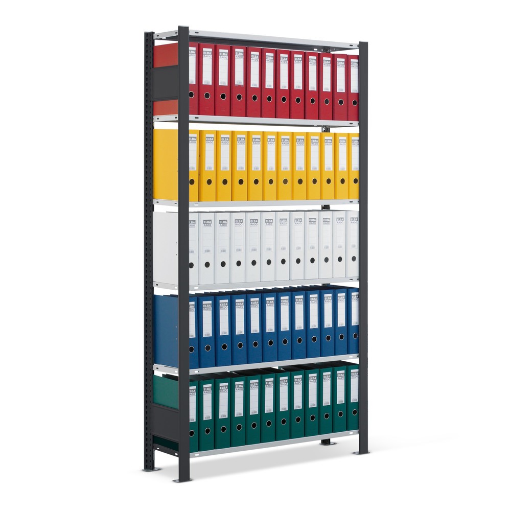 Illustration du produit: Rayonnage de bureau SCHULTE travée de base, utilisable d’un seul côté, avec barres de butée, CT 85 kg, noir, HxlxP 2 300 x 750 x 300 mm