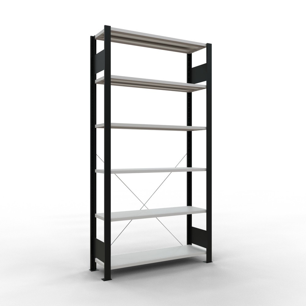 Illustration du produit: Rayonnage de bureau SCHULTE travée de base, utilisable d’un seul côté, sans barres de butée, CT 85 kg, noir, HxlxP 2 000 x 1 000 x 300 mm