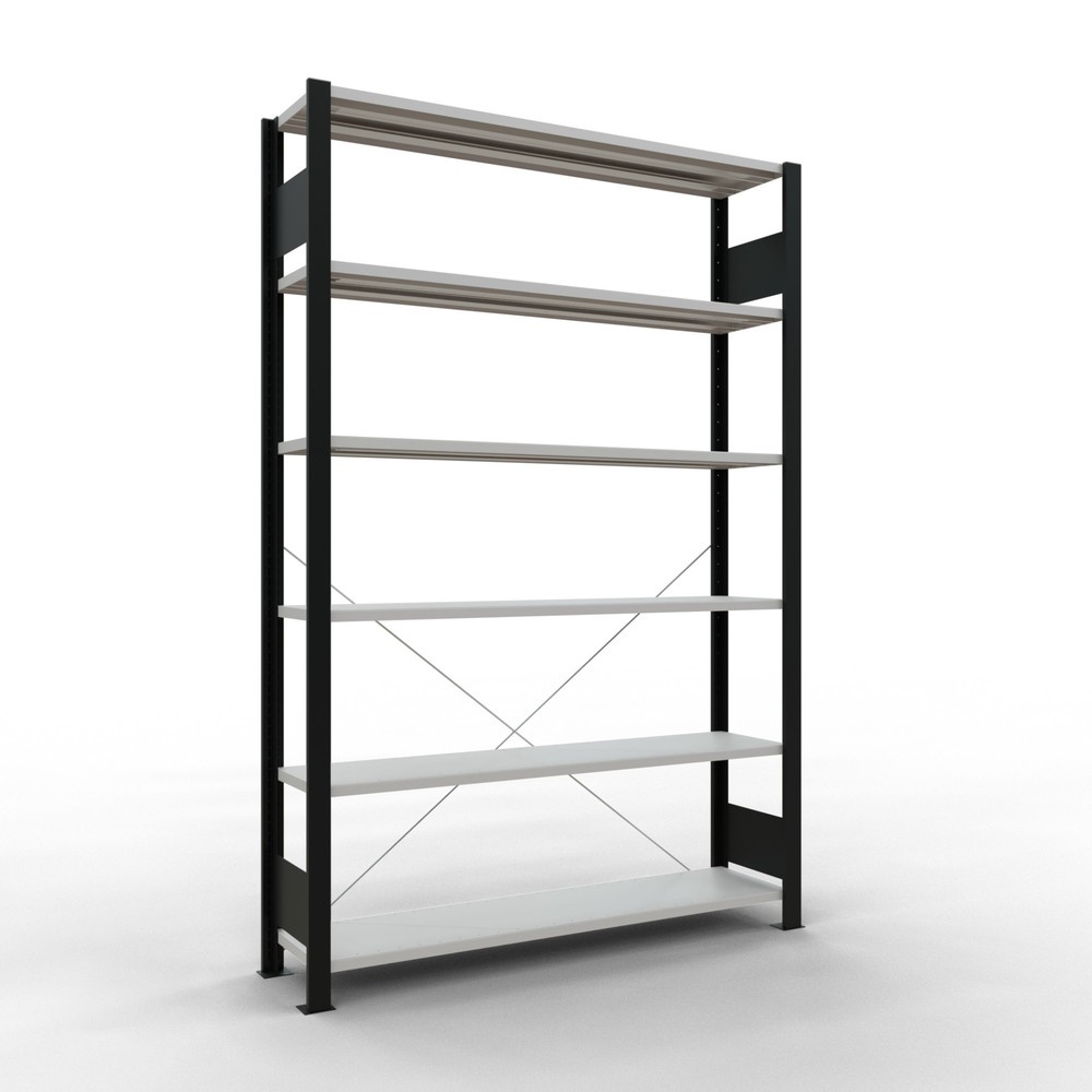 Illustration du produit: Rayonnage de bureau SCHULTE travée de base, utilisable d’un seul côté, sans barres de butée, CT 85 kg, noir, HxlxP 2 000 x 1 300 x 300 mm
