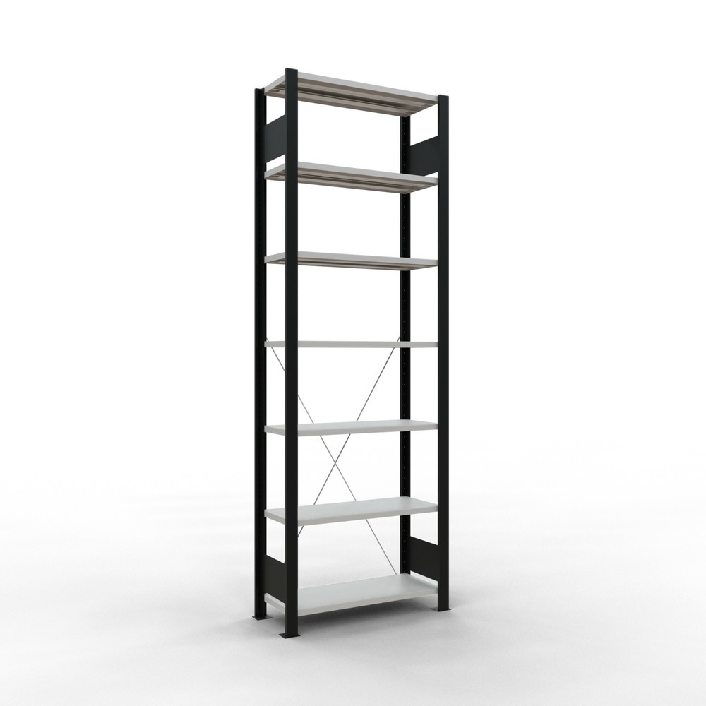 Illustration du produit: Rayonnage de bureau SCHULTE travée de base, utilisable d’un seul côté, sans barres de butée, CT 85 kg, noir, HxlxP 2 300 x 750 x 300 mm