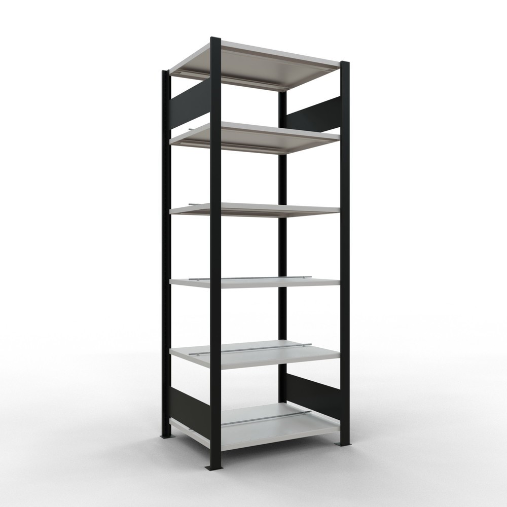 Illustration du produit: Rayonnage de bureau SCHULTE travée de base, utilisable des deux côtés, avec butées centrales, CT 150 kg, noir, HxlxP 2 000 x 750 x 600 mm