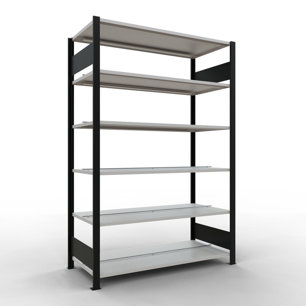 Illustration du produit: Rayonnage de bureau SCHULTE travée de base, utilisable des deux côtés, avec butées centrales, CT 150 kg, noir, HxlxP 2 000 x 1 300 x 600 mm