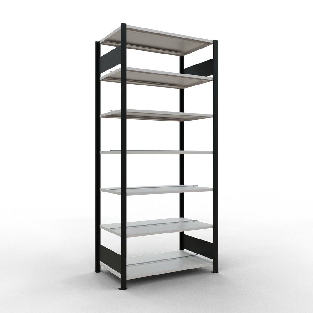 Illustration du produit: Rayonnage de bureau SCHULTE travée de base, utilisable des deux côtés, avec butées centrales, CT 150 kg, noir, HxlxP 2 300 x 1 000 x 600 mm