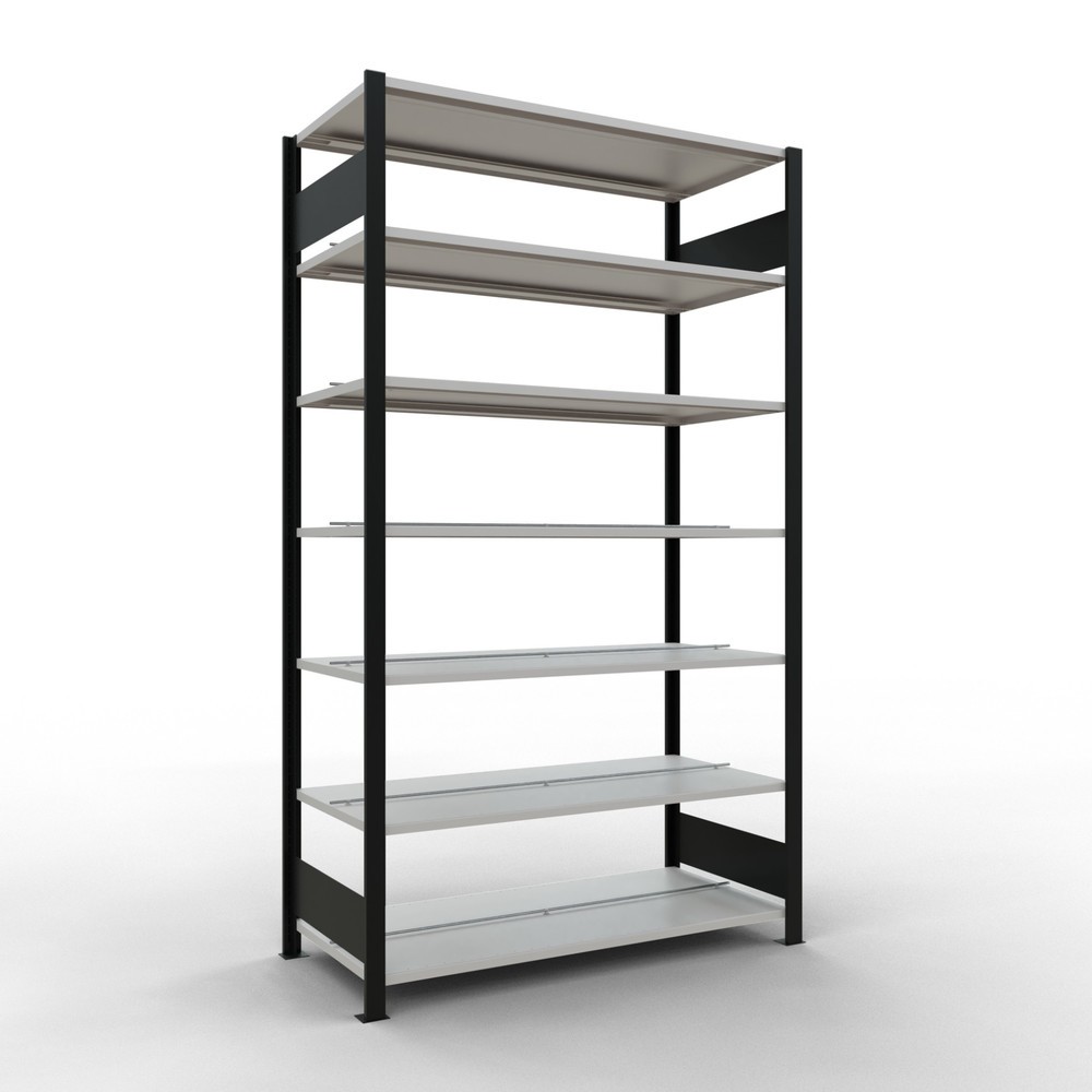 Illustration du produit: Rayonnage de bureau SCHULTE travée de base, utilisable des deux cotés, avec butées centrales, CT 150 kg, noir, HxlxP 2 300 x 1 300 x 600 mm