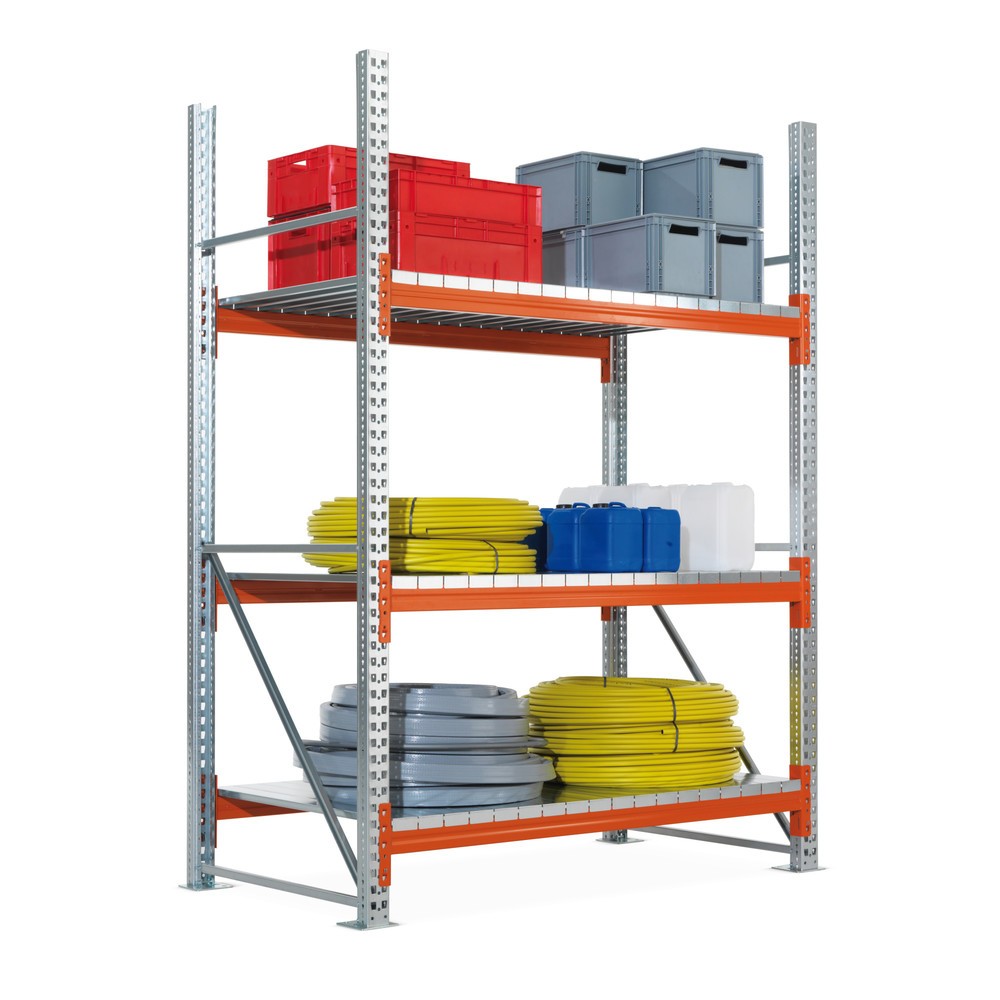 Illustration du produit: Rayonnage grande portée META, avec panneaux d'acier, TB, galvanisé/orangé rouge, H x l x P 2 200 x 1 825 x 1 100 mm