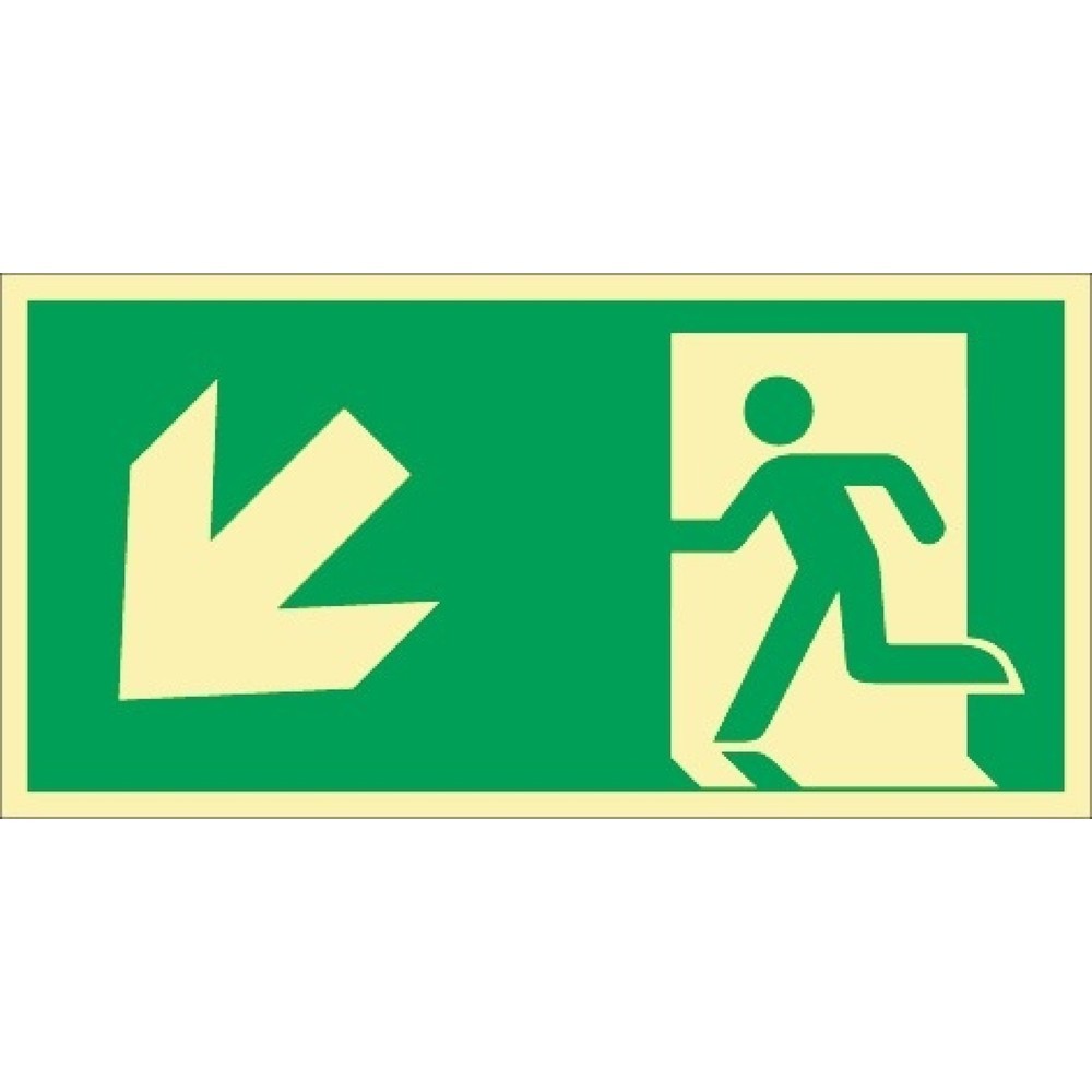 Produktabbildung: Rettungszeichen DIN EN ISO 7010, Rettungsweg links abwärts, L297xB148 mm, Kunststoff