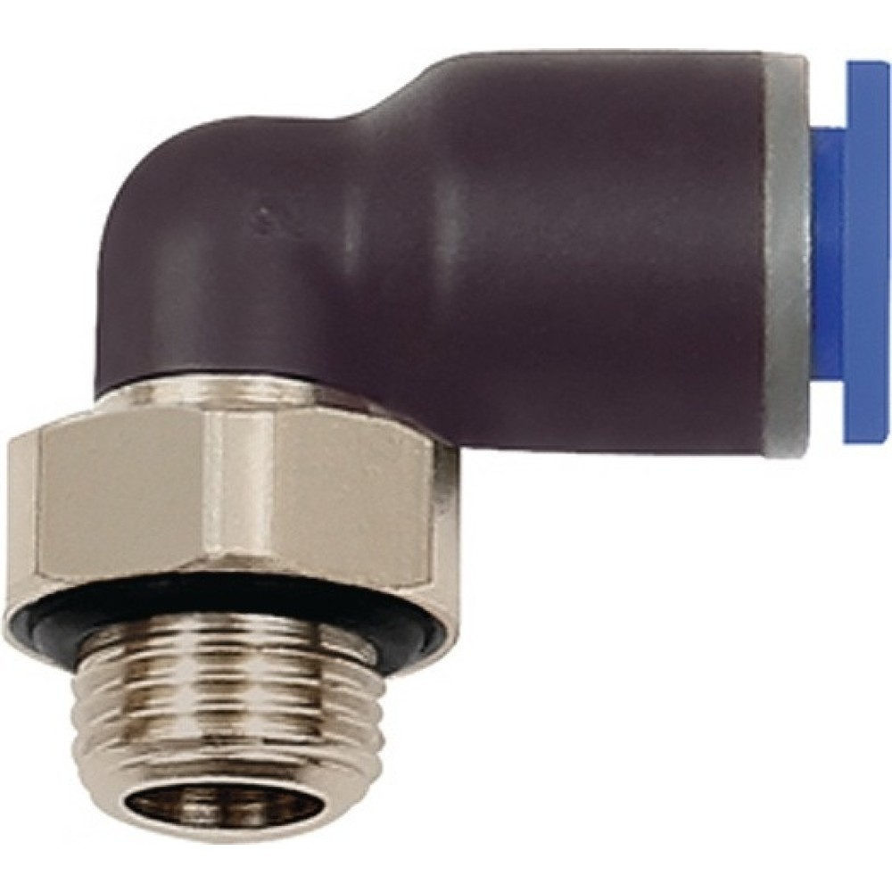 Produktabbildung: RIEGLER L-Steckverschraubung Blaue Serie, mit O-Ring, drehbar zylindrisch, Aussengewinde G 1/4 ″ SW 17 mm, 6 mm
