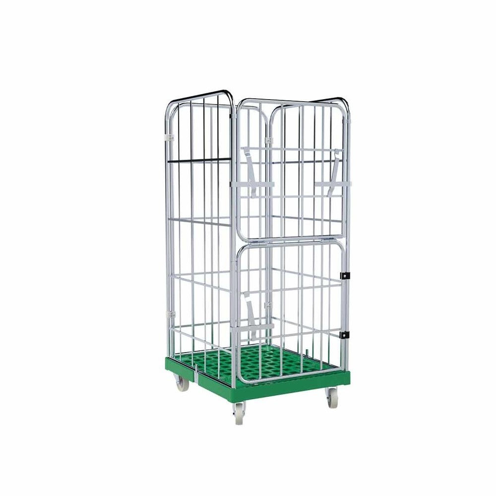 Produktabbildung: Rollbehälter, 4-seitig, halb abklappbare Vorderwand, Kunststoff-Rollplatte, HxBxT 1.650 x 724 x 815 mm, verkehrsgrün