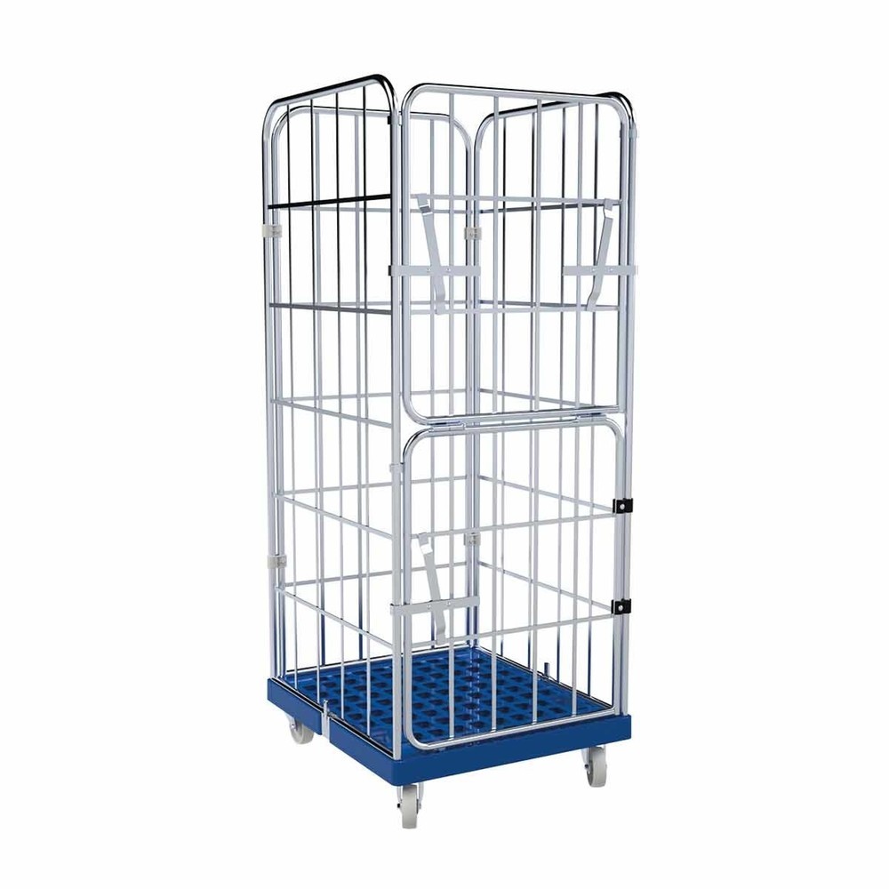Produktabbildung: Rollbehälter, 4-seitig, halb abklappbare Vorderwand, Kunststoff-Rollplatte, HxBxT 1.850 x 724 x 815 mm, enzianblau