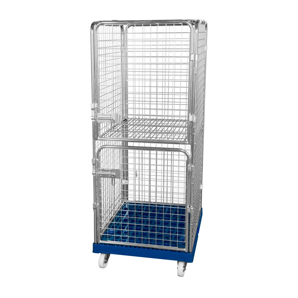 Produktabbildung: Rollbehälter Classic, 5-seitig, grobmaschig, blau verzinkt, Kunststoff-Rollplatte, HxBxT 1.650 x 724 x 815 mm