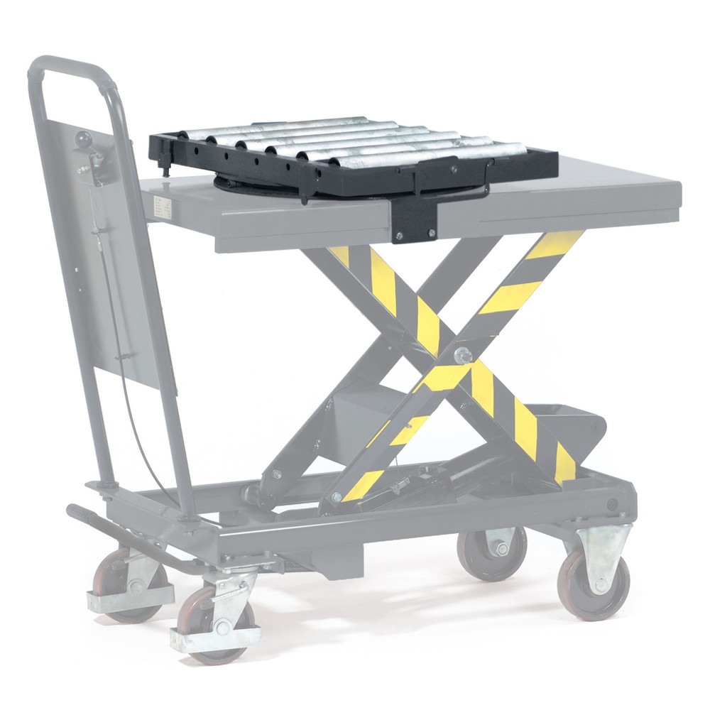 Illustration du produit: Rouleaux de manutention pour chariot à plate-forme élévatrice à ciseaux fetra® avec panneau de butée, pivotant