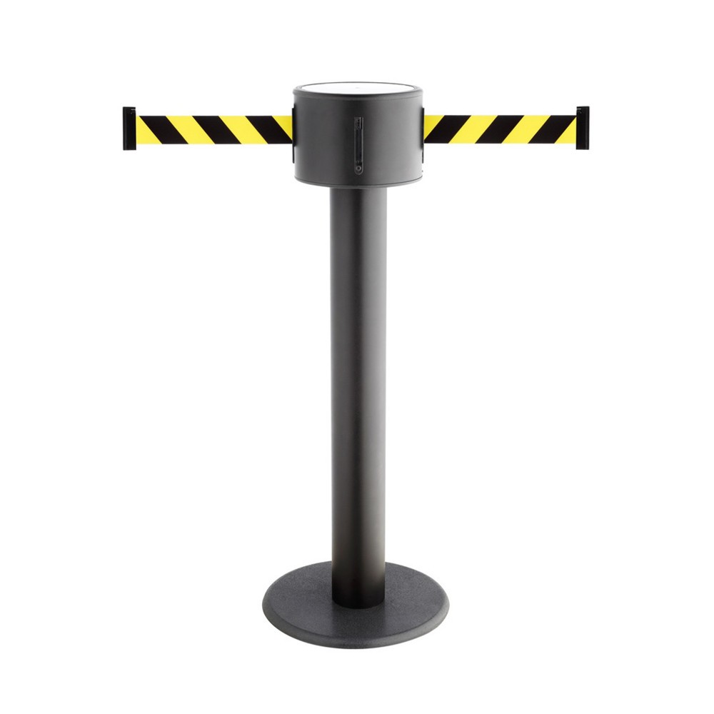 Produktabbildung: RS-GUIDESYSTEMS® Gurt-Absperrpfosten, 2-seitig, aus Metall + 2 Wandclips, schwarz / gelb diagonal gestreift