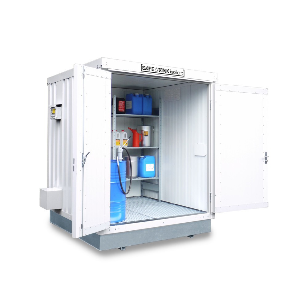 Produktabbildung: SAFE Tank Gefahrstoffcontainer 400 KTC ALG, isoliert, Aussenaufstellung, montiert, kunststoffbeschichtet RAL 9002, Masse aussen 2400x2170x2650 mm, Doppelflügeltür (asymmetrische Teilung), mittig in Stirnseite, Lagerfläche 4 m²