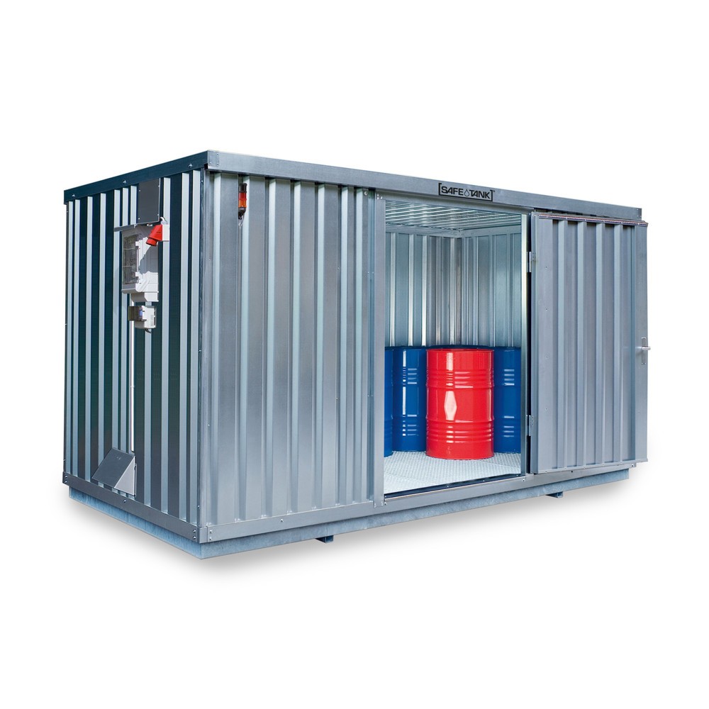 Produktabbildung: SAFE Tank Gefahrstoffcontainer 1350 CONTROL, automatisierte Explosionsschutzeinrichtung  für höchste Energieeffizienz u. Sicherheit, Masse aussen 4350x2170x2300 mm, Doppelflügeltür (asymmetrische Teilung), mittig in der kurzen Seite, Lagerfläche 8