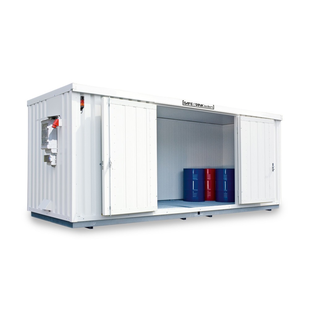 Produktabbildung: SAFE Tank Gefahrstoffcontainer 1900 CONTROL isoliert, automatisierte Explosionsschutzeinrichtung für höchste Energieeffizienz u. Sicherheit, Masse aussen 6380x2170x2560 mm, Einzelflügeltür, mittig in 2 m Seite, Lagerfläche 11 m²