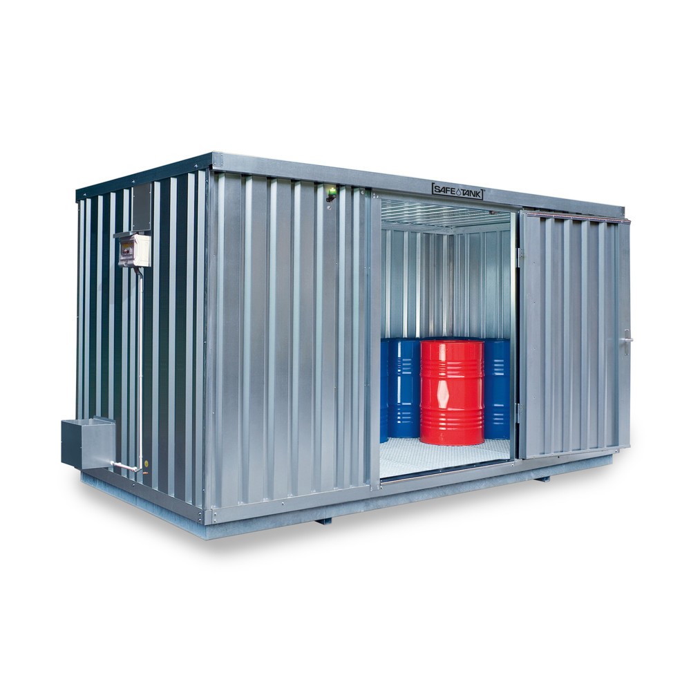 Produktabbildung: SAFE Tank Gefahrstoffcontainer 1350 ECO, energieeffizient durch bedarfsgerechte Lüftersteuerung, Masse aussen 4350x2170x2300 mm, Einzelflügeltür, mittig in der kurzen Seite, Lagerfläche 8 m²
