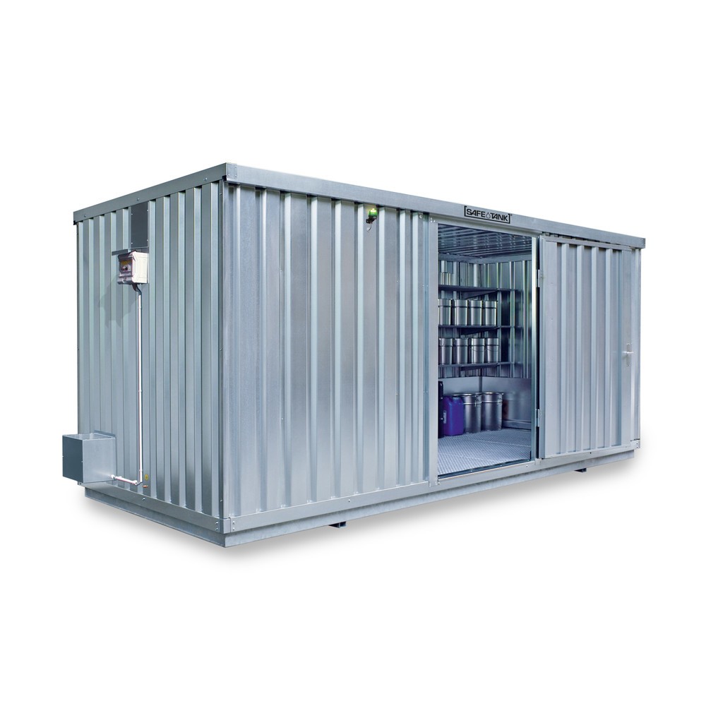 Produktabbildung: SAFE Tank Gefahrstoffcontainer 1700 ECO, energieeffizient durch bedarfsgerechte Lüftersteuerung, Masse aussen 5380x2170x2300 mm, Einzelflügeltür, mittig in der kurzen Seite, Lagerfläche 10 m²