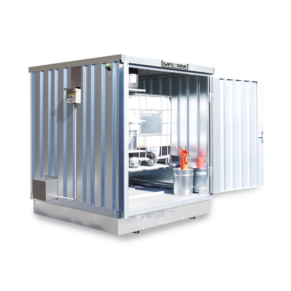 Produktabbildung: SAFE Tank Gefahrstoffcontainer 400 KTC ECO, energieeffizient durch bedarfsgerechte Lüftersteuerung, Masse aussen 2400x2170x2400 mm, Doppelflügeltür (asymmetrisch geteilt), mittig in der schmalen Seite, Lagerfläche 4 m²