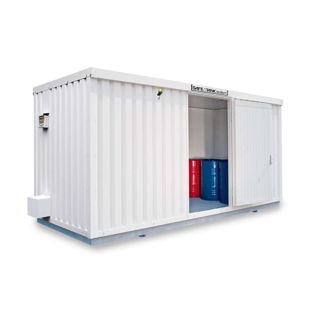 Produktabbildung: SAFE Tank Gefahrstoffcontainer 1700 ECO, isoliert, energieeffizient durch bedarfsgerechte Lüftersteuerung, Masse aussen 5380x2170x2520 mm, Einzelflügeltür, mittig in Breitseite, Lagerfläche 9 m²