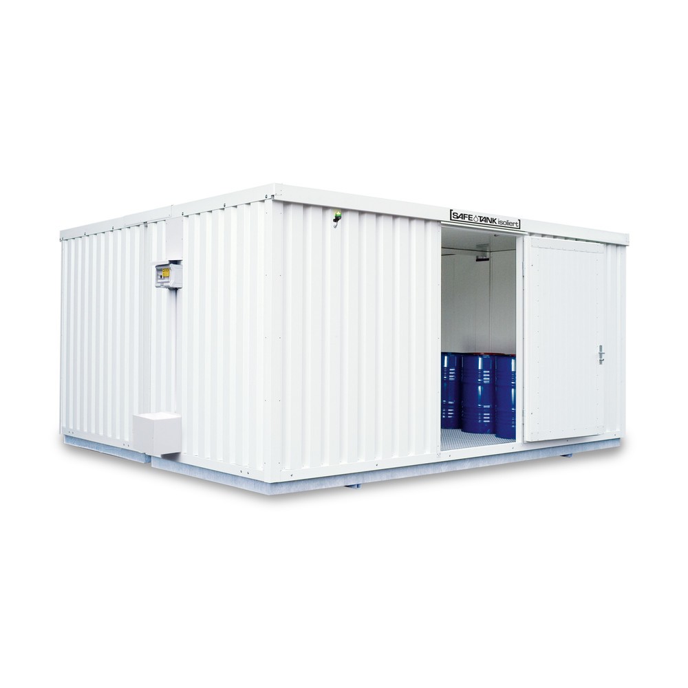 Produktabbildung: SAFE Tank Gefahrstoffcontainer 4000 ECO, isoliert, energieeffizient durch bedarfsgerechte Lüftersteuerung, Masse aussen 5380x4340x2520 mm, Einzelflügeltür, mittig in Breitseite, Lagerfläche 21 m²