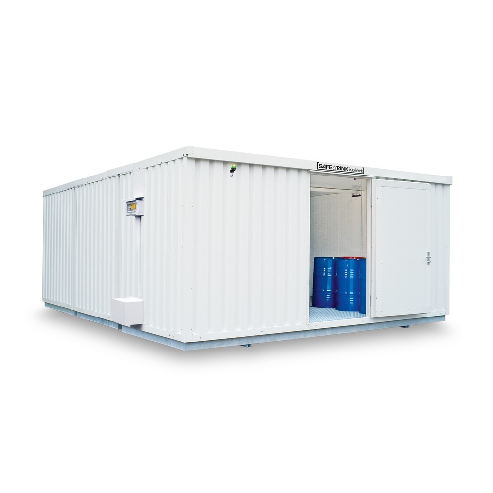 Produktabbildung: SAFE Tank Gefahrstoffcontainer 5000 ECO, isoliert, energieeffizient durch bedarfsgerechte Lüftersteuerung, Masse aussen 5380x6520x2520 mm, Einzelflügeltür, seitlich in 6 m  Seite, Lagerfläche 30 m²