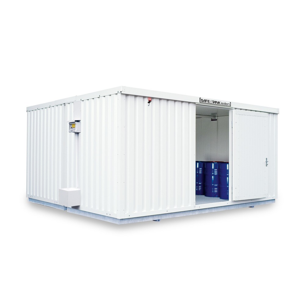 Produktabbildung: SAFE Tank Gefahrstoffcontainer Kombination 4000 ALG, isoliert, vormontiert, kunststoffbeschichtet RAL 9002, Masse aussen 5380x4340x2520 mm, Doppelflügeltür (asymmetrische Teilung), mittig im Modul, Lagerfläche 20 m²