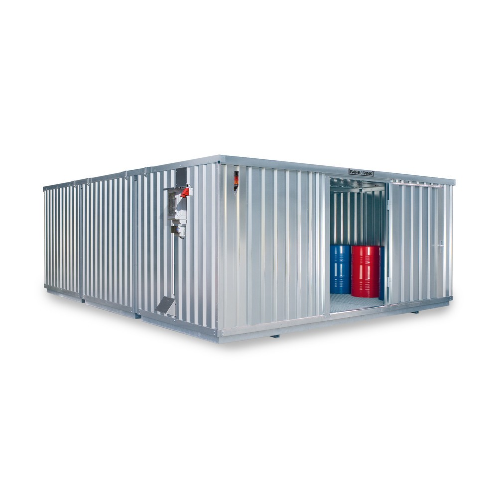 Produktabbildung: SAFE Tank Gefahrstoffcontainer 5000 CONTROL, automatisierte Explosionsschutzeinrichtung für höchste Energieeffizienz u. Sicherheit, Masse aussen 5380x6520x2300 mm, Einzelflügeltür, mittig in der kurzen Seite, Lagerfläche 32 m²