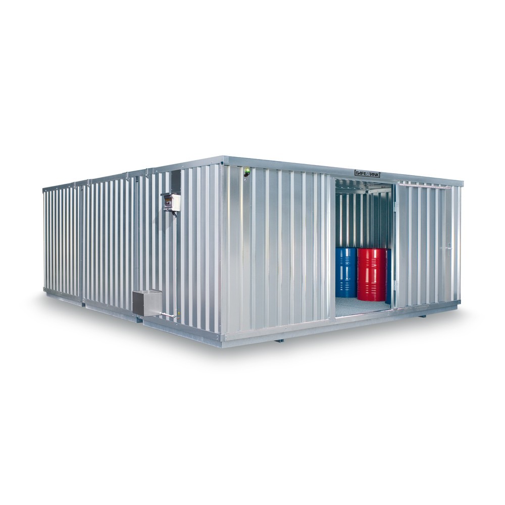 Produktabbildung: SAFE Tank Gefahrstoffcontainer Kombination 5000 ECO, energieeffizient durch bedarfsgerechte Lüftersteuerung, Masse aussen 5380x6520x2300 mm, Einzelflügeltür, mittig in der kurzen Seite, Lagerfläche 31 m²