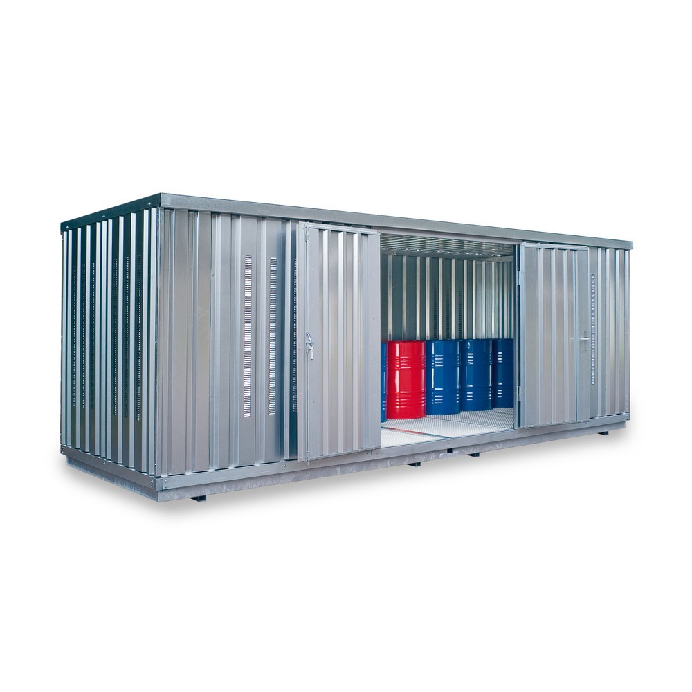 Produktabbildung: SAFE Tank Gefahrstoffcontainer 1900 PLG, Aussenaufstellung, verzinkt, montiert, Masse aussen 6080x2170x2310 mm, Doppelflügeltür (asymmetrische Teilung), mittig in 6 m Seite, Zusatztür, Lagerfläche 12 m²
