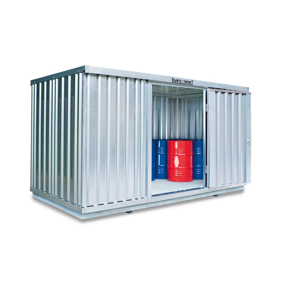 Produktabbildung: SAFE Tank Gefahrstoffcontainer 1350 PLG, Aussenaufstellung, verzinkt, montiert. Masse aussen 4050x2170x2300 mm, Einzelflügeltür, mittig in 2 m Seite, Lagerfläche 8 m²