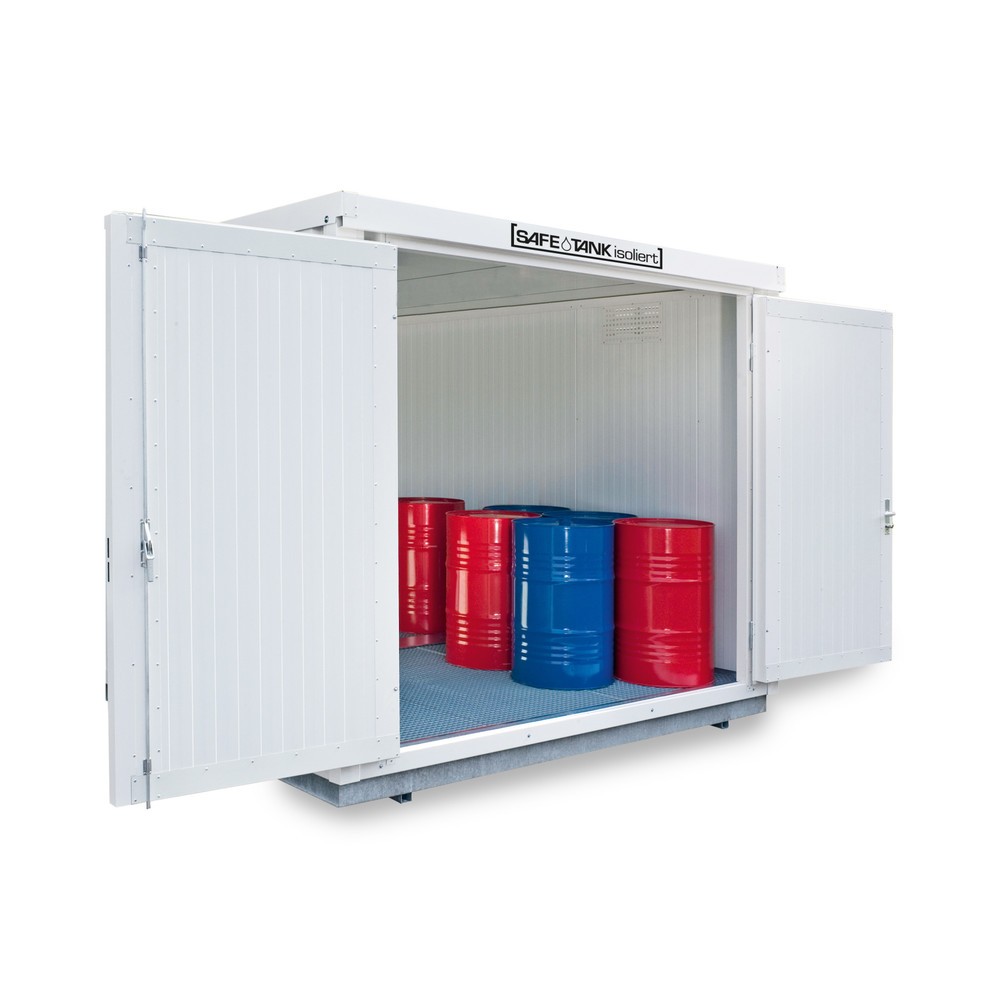 Produktabbildung: SAFE Tank Gefahrstoffcontainer 1000 WGK, isoliert, montiert, kunststoffbeschichtet RAL 9002, Masse aussen 3050x2170x2560 mm, Einzelflügeltür, mittig in Stirnseite, Lagerfläche 6 m²