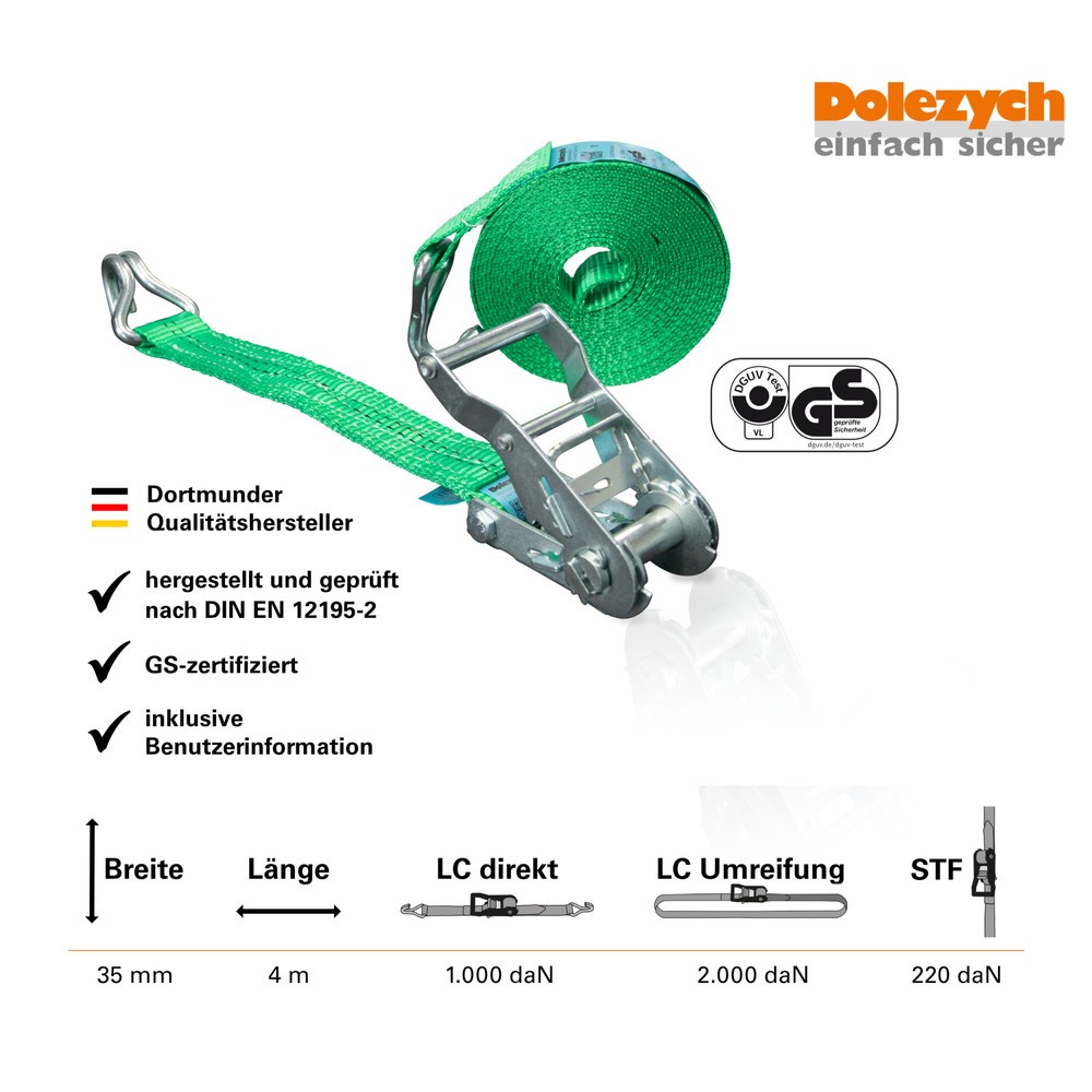 Produktabbildung Nr. 4: Sangle d'arrimage Dolezych DoZurr 2000, avec cliquet à pression et crochet profilé, longueur 4 m