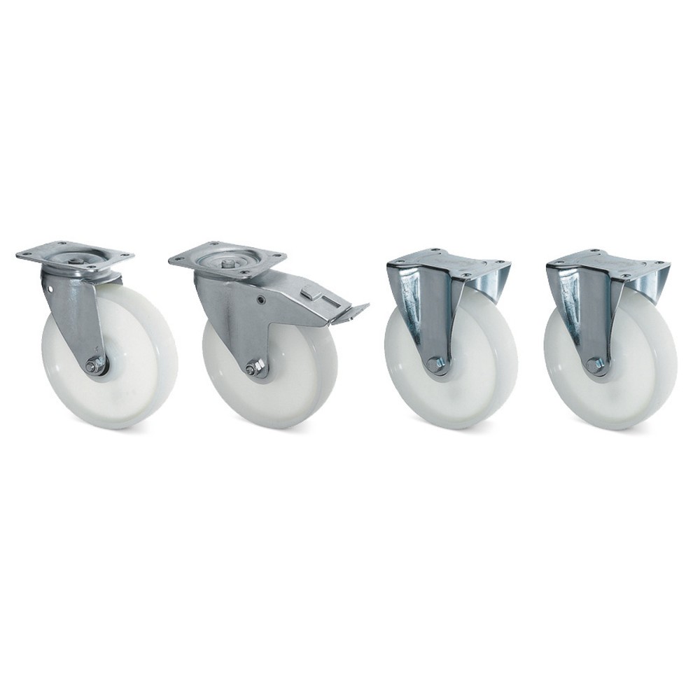 Produktabbildung: Satz Bauer® Polyamid Lenk- und Bockrollen, Durchmesser 180 mm, Traglast 450 kg pro Rolle