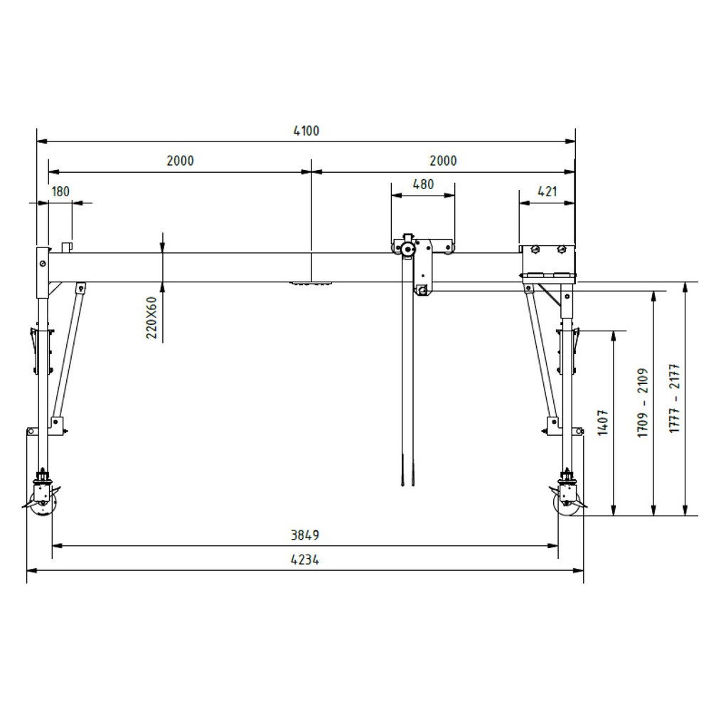 Produktabbildung Nr. 3: SCHILLING Alu-Portalkran mit teilbarem Träger, verfahrbar, Einhängepunkt 1.699-2.099 mm, Länge 4.000 mm, TK 1.500 kg