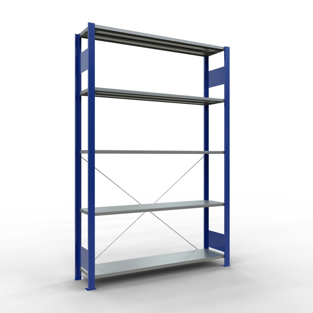 Produktabbildung: SCHULTE Fachbodenregal enzianblau/verzinkt mit 5 Stahlblechböden, Fachlast 150 kg, HxBxT 2.000 x 1.360 x 336 mm