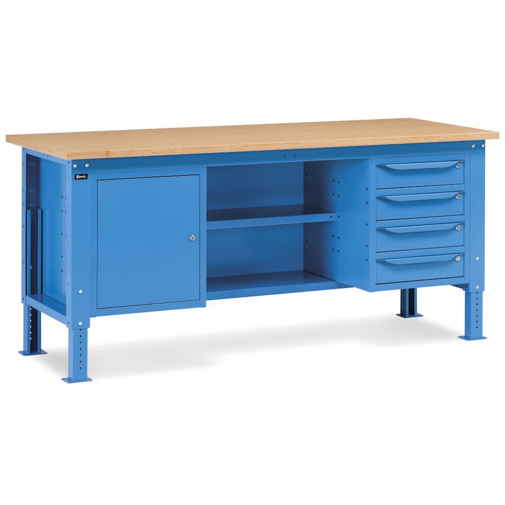N° de l'image du produit 8 : Établi Fami, réglable en Hauteur de construction, 4 tiroirs, armoire à gullwing, Paroi arrière avec 2 étagères, capacité de charge 1 000 kg, HxLxP 740-1,110 x 2 000 x 750 mm, RAL 5012 bleu clair